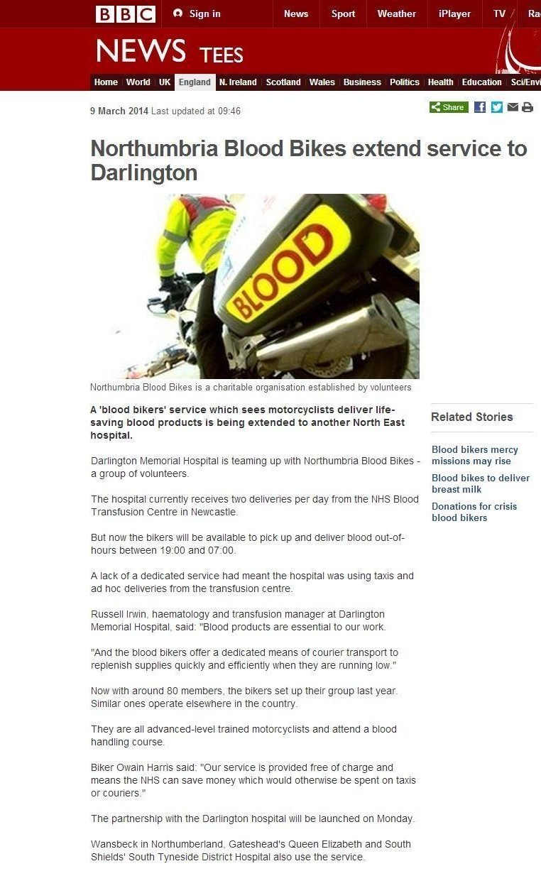 Thumbnail of BBC Webpage featuring Northumbria Blood Bikes